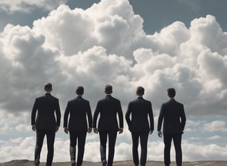 Cinco personas trajeadas se alejan pisando arena y un cielo con nubes
