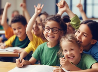 A group of young children sits at wooden desks in a classroom setting, with a teacher assisting them. The children are engaged in writing or drawing activities, wearing clothing typical of an earlier era. The teacher leans over to help some of the children, indicating an interactive and attentive learning environment. The room has a minimalist design with a blackboard and simple furniture.