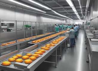 Two workers dressed in protective clothing are inspecting and sorting green leafy vegetables on a blue conveyor belt inside a factory setting. The environment is clean with green and white walls, and there are pieces of industrial equipment and yellow forklifts in the background.