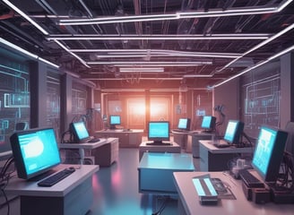 A conference room with a long wooden table surrounded by chairs covered in protective plastic. Multiple computer monitors are placed on tables against the walls, each displaying nature-themed images. The walls are lined with wood paneling, and a sign indicating a center for artificial intelligence is displayed at the front. There are decorative flower arrangements on the table, and the overall setup suggests a professional environment.