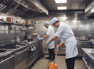 Three individuals engaged in cleaning large glass doors. One person is using a broom or mop to scrub the glass, another is spraying water, and the third person is wearing a hard hat and a safety vest. There are construction materials in the foreground.