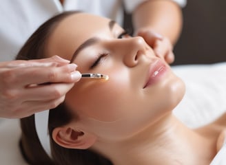 A person is lying on a treatment table in a spa-like setting, receiving a facial treatment. Another person is applying a facial mask with a brush while holding a small bowl. The space is neatly organized with shelves and skincare products in the background.