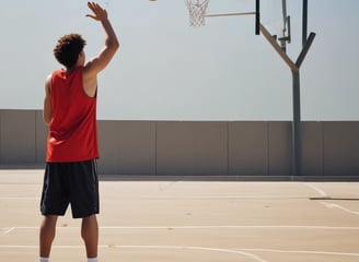 A basketball player in a red jersey and black shorts is practicing dribbling on an indoor court. The player is focused, holding two basketballs, with a basketball hoop and court lines visible in the background.
