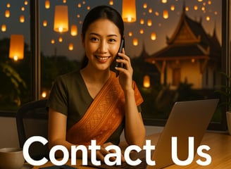 Smiling Thai woman in traditional dress assisting customers by phone at GoThaiBooking contact center