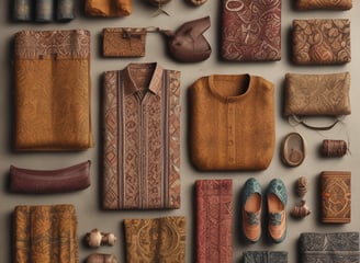A collection of folded clothes laid out on a textured surface, including camouflage shirts and pants, denim jeans, and patterned shirts. There is also a white hat placed on top of some clothing items, and a backdrop featuring a classic red car and a scarf with 'Mickey' written on it.