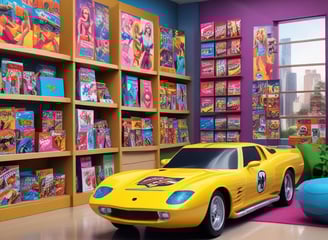 A display of various plush toys resembling characters from a popular animated series is arranged on wooden crates. The large gray plush character sits prominently, surrounded by smaller fluffy toys in white and blue. A framed textile with cartoonish drawings and Asian scripts hangs on the wall to the left.