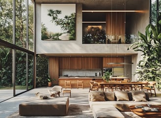 Sala-comedor con diseño de doble altura, acabados de madera y vista a la selva en residencia ecológi