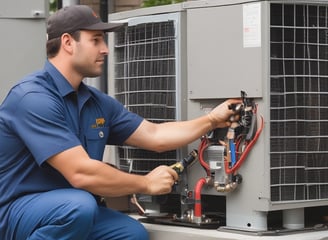 An outdoor air conditioning unit is mounted on a textured wall with various pipes and electrical conduits running above it. The unit is labeled GREE and is connected to a green hose. Below, several empty black plastic crates are stacked haphazardly on a rough concrete surface.
