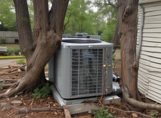 A modern, wall-mounted exterior heat pump unit with a sleek, metallic design is securely attached to the side of a building. The unit features a prominent black grille on its front and is situated above a layer of small rocks bordering the building. This setting suggests installation for heating or cooling purposes.