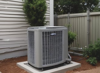 A white air conditioning unit is placed outside against a wall which is partially in shadow. Some branches with leaves are visible emerging from behind the wall. The background features a modern facade with vertical piping and a wire mesh design.