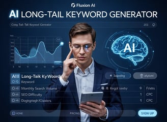 Futuristic interface of Fluxion AI's long-tail keyword generator tool with search metrics