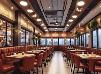 A luxurious dining setup featuring elegantly folded white napkins, sparkling glassware, and floral centerpieces arranged on round tables. The room is adorned with wooden paneling and framed portraits, creating an opulent and classic atmosphere.