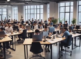 A group of people working at computers in an office, sitting in a row. The space appears modern with white walls, sleek furniture, and bright lighting. Some individuals have headphones on, indicating a focused or collaborative environment.