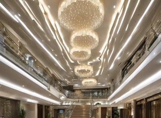 the ceiling of a room with many speakers