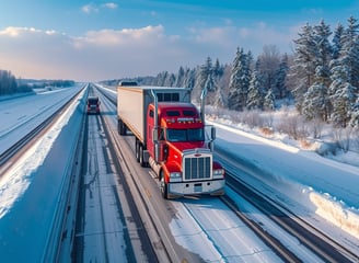 a dry van driving down a snowy i-80 highway under severe weather conditions