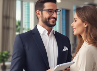 A group of people dressed in formal attire are standing in front of a real estate office. The storefront displays a large sign with an URL and various social media icons, and text in a foreign language. The group mostly consists of men in white shirts and dark trousers, standing in a straight line, with two women at either end of the row.