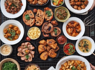 A metal tray filled with seasoned meat pieces is positioned on a charcoal grill emitting gentle smoke. The atmosphere is dimly lit, creating a rustic and warm ambiance.