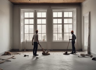 A partially renovated room with large windows overlooking a garden. The room is mostly empty, with some construction materials like boards and plastic wrapped furniture on the right side. There are cables hanging from the ceiling and a small workbench with tools near the window on the right.