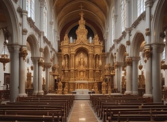 A collection of colorful religious figurines and statuettes on display, including representations of saints, angels, and other religious symbols. The statues are highly detailed, with some dressed in red and others in blue or white garments. A prominent figure in red is holding a scythe, and there is also a sign reading 'Poderoso Talisman Super Protector'.