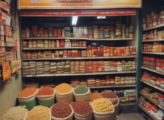 A grocery store produce section with neatly arranged vegetables and fruits. Shelves are filled with items like tomatoes, mushrooms, and colorful produce. Bright overhead lighting illuminates the area. Signs display prices and product information. People are seen walking and shopping.