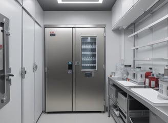 A laboratory setting featuring advanced water purification equipment and storage cabinets. The lab is clean and organized with several machines on a black countertop. There are large storage units in the background.