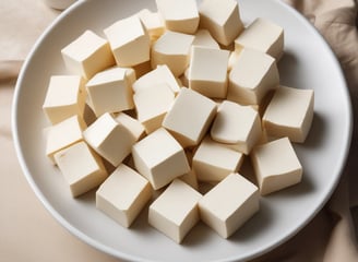 A plate filled with a spicy stir-fry consisting of tofu cubes, sliced green and red bell peppers, dried red chilies, almonds, and other vegetables and seasonings, all coated in dark spices.