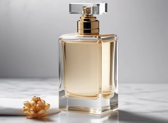 A luxurious perfume bottle with a gold cap and emblem is surrounded by dark, textured charcoal pieces. The bottle's design features elegant lines and a glossy finish, reflecting ambient light.