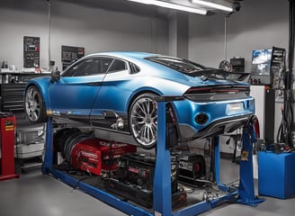 A nighttime view of an automotive repair shop with the name 'Main Street Automotive' illuminated in bright lights. The building has signs for Pennzoil and the entrance is open, revealing vehicles inside the garage. A car is parked in front of the building, and there is a large concrete structure on the right side.
