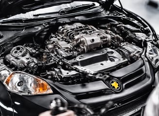A small automotive repair shop with a distinctive red and white facade, located on a quiet street. The building is one story with large glass windows and a sign displaying the name of the business. A black car is parked in front of one of the garage doors. Tree-lined streets with houses are visible in the background, bathed in the soft light of late afternoon.