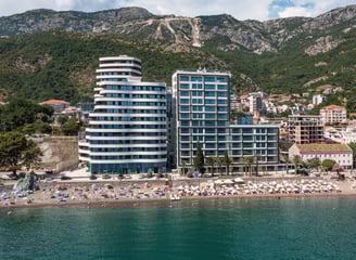 a beach with a mountain in the background