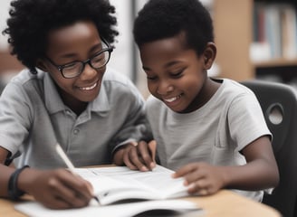 Five young children appear to be reading from various colorful books with illustrations on the covers. The children are seated closely together, engrossed in their books. Each child has distinct hair color and expression, contributing to a playful and whimsical atmosphere.
