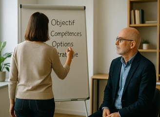 a coach who help a woman in business attire standing in front of a white board