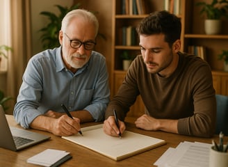 a coach and a man sitting at a table