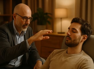 a man sitting in a chair hypnotised with a man pointing at something