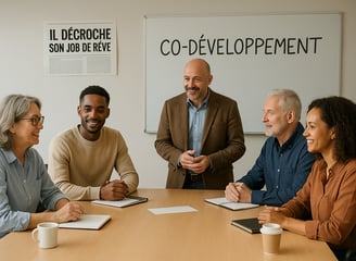a group of people sitting around a table for a co-devepoment coaching