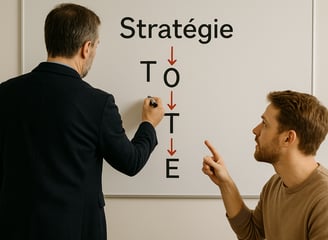 a PNL specialist pointing at a strategy board with a strategy board