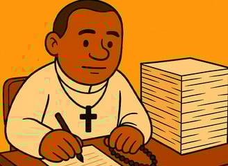 Ilustração de padre analisando registros antigos sobre escravidão e história local