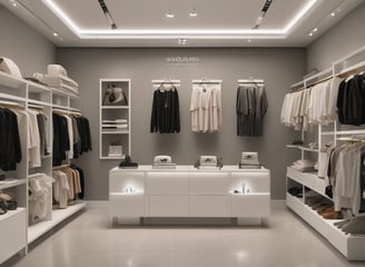 A storefront of a luxury brand with the name prominently displayed above the entrance. Large glass windows show elegant interior lighting and displays. Vehicles are blurred in motion on the street, and trees are visible on either side.