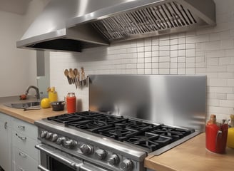 A commercial kitchen with stainless steel countertops and kitchen equipment, including a griddle and a dish rack holding a large red and white sign. Various kitchen tools and appliances are visible, such as knives in a holder, a bottle of cleaning liquid, and switches on the wall.