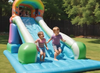 Several young children are playing inside a bouncy house. The bouncing space is enclosed with a yellow and blue net, and the children seem to be enjoying themselves. The background shows a busy outdoor area with more children and adults, hinting at a fair or a community event.