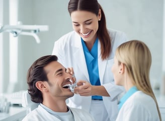 A dental model displaying a set of teeth with orthodontic braces on both the upper and lower jaws. The model is positioned on a glossy white surface with a blurred background. Soft lighting highlights the dental features.