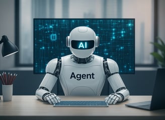 Humanoid AI robot labeled “Agent” sitting at an office desk with a digital screen in the background, representing artificial 