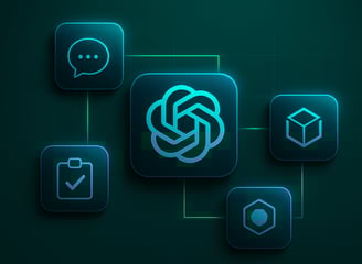 Network diagram with OpenAI logo at the center, connected to chat, task, and cube icons, symbolizing integrated AI solutions.