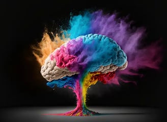 Colorful artistic brain with splashes of blue, purple, and orange, representing creative AI and graphic design.