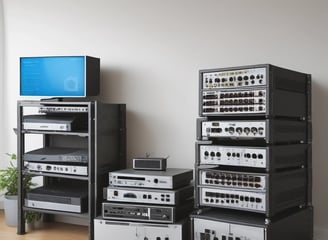 A person holding a yellow device stands next to an open telecommunications cabinet mounted on a wooden wall. The cabinet contains various networking and telecommunications equipment, including cables, routers, and a device with AT&T branding. A wall-mounted router with antennas is visible to the right.
