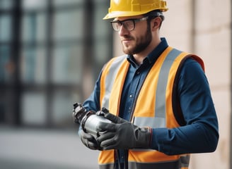 A person wearing a helmet and safety gear is standing in an industrial or construction-like setting. They are looking at a mobile device, possibly for work-related purposes. Around them are sheets or fabric drapes hanging, with cables and construction materials scattered on the concrete ground.