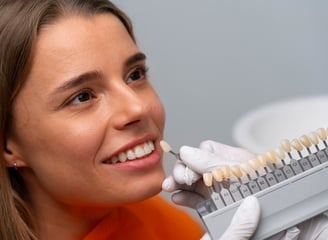 a woman in a dental care center with a smile on her face
