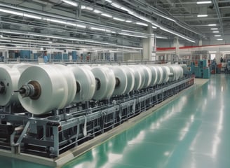 An industrial setting with multiple large textile weaving machines placed in a row, surrounded by packages and various materials. The machines are primarily blue and white, featuring several moving components and long rollers. The area is well-lit by overhead lights and is spacious with a concrete floor.
