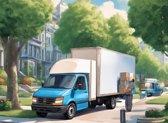 A large delivery truck and a smaller blue van are parked on the side of a road next to a park. A person is standing near the truck's door. Several packages and boxes are placed on the ground between the vehicles. The surrounding area features green trees and a small water fountain within a park setting.