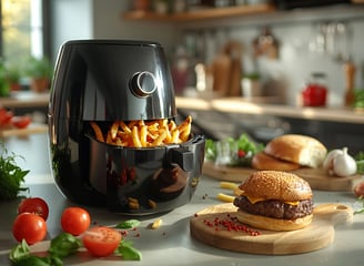 Freidora de aceite color negro con papas fritas y una hamburgesa